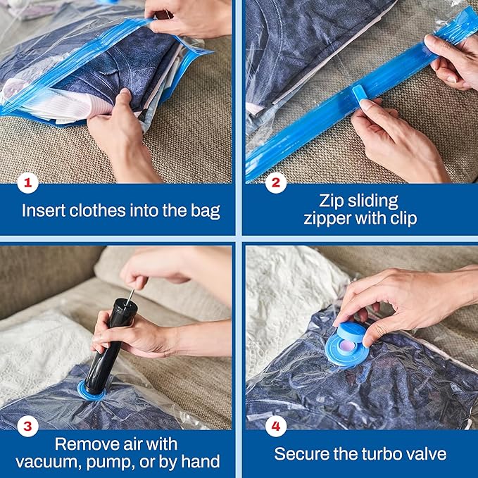 4 Pack Small Vacuum Storage Bags for Comforters, Blankets & Clothes – Vacuum Sealed Compression Bags with Hand Pump – Space Saver Storage Bags for Bedding, Moving, Travel & Organization