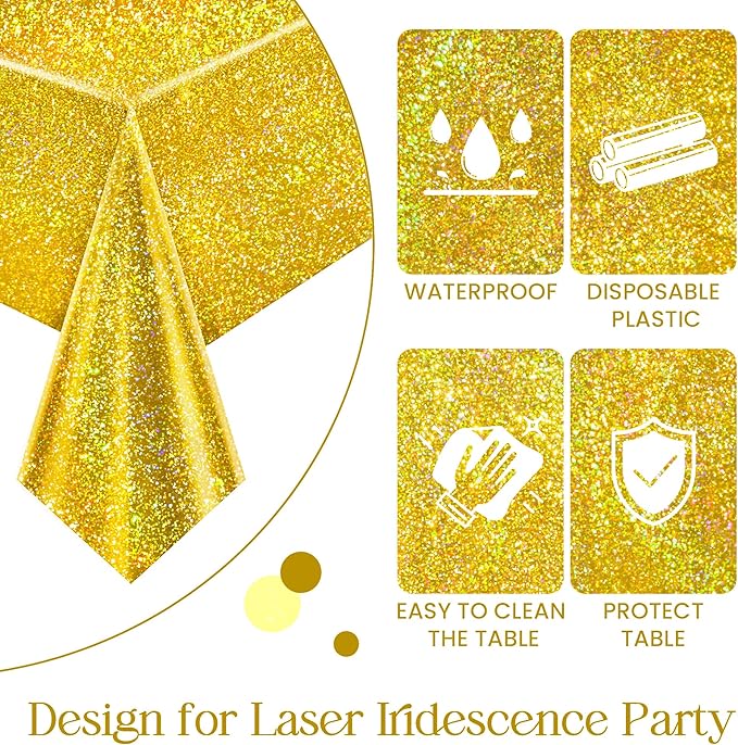 Just Shimmer Sparkling Holographic Laser Tablecloth - Shimmering, Waterproof, Easy to Clean - Ideal for Bachelorette, Birthday, Wedding, and Anniversary Party Decorations (Green & Gold, 2)
