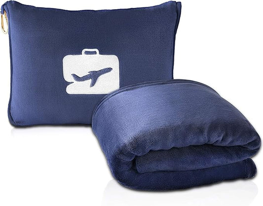 EverSnug Travel Blanket and Pillow - Premium Soft 2-in-1 Airplane Blanket with Soft Bag Pillowcase, Hand Luggage Sleeve, and Backpack Clip (Navy Blue)