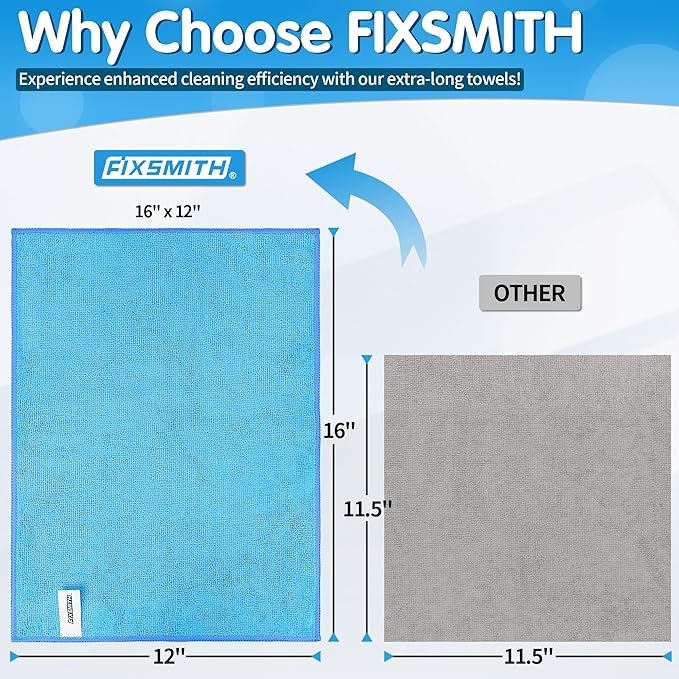 FIXSMITH Blue Microfiber Cleaning Cloth -Pack of 12, Highly Absorbent Cleaning Rags, 16"X12" All Purpose Cleaning Towels for Housekeeping, Kitchen, Car, Lint Free and Reusable Microfiber Towels
