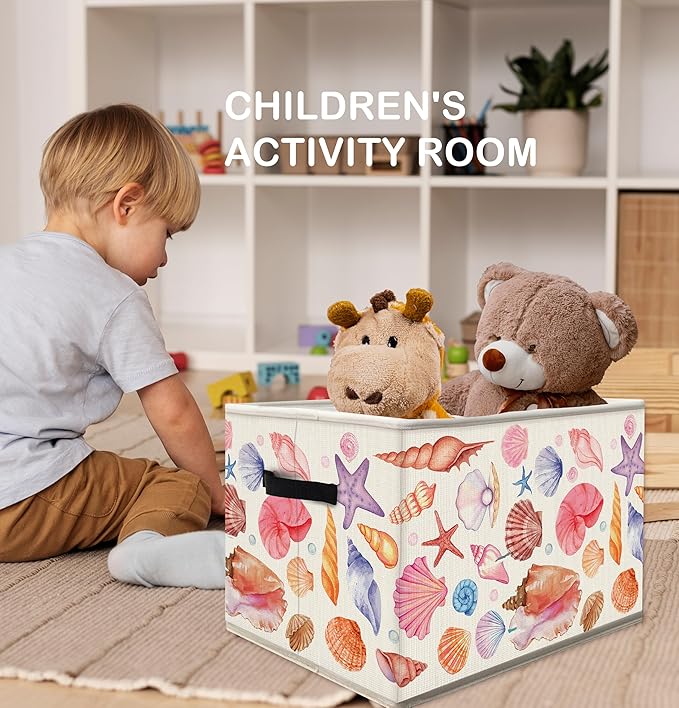 Coastal Beach Storage Bins Box with Handles, Coastal Granddaughter Room Decor, Preppy Pink Starfish Collapsible Fabric Storage Basket Box Organizer for Bedroom Bathroom Clothes Toys Books