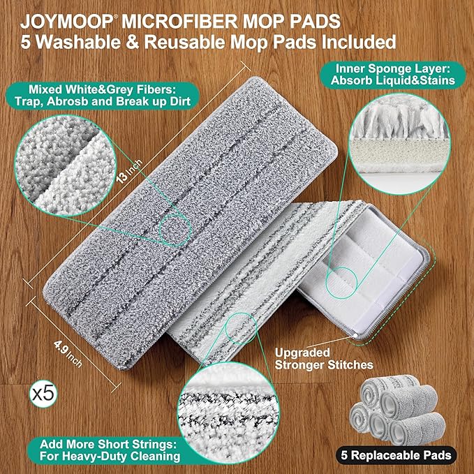 JOYMOOP Mop and Bucket Set, White Flat Mop with Long Handle for Floor & Wall Cleaning, Wet & Dry Use, Hardwood Floor Cleaner, Ideal for Household & Commercial Use, 5 Microfiber Pads Included