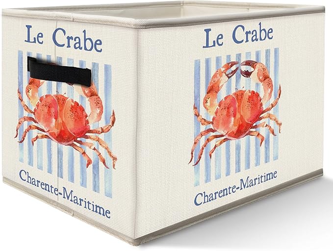 Coastal Beach Crab Storage Bins Box with Handles, Nautical Ocean Crab Collapsible Fabric Storage Basket Box Organizer for Beach House Bedroom Bathroom Clothes Toys Books