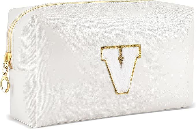 Gifts for Girls Initial Makeup Bag Personalized Cosmetic Bag with Zipper Cute Travel Toiletry Bags Waterproof PU Preppy Makeup Pouch Birthday Gift for Teen Girls Women(White V)