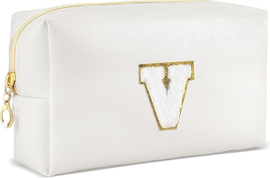 Gifts for Girls Initial Makeup Bag Personalized Cosmetic Bag with Zipper Cute Travel Toiletry Bags Waterproof PU Preppy Makeup Pouch Birthday Gift for Teen Girls Women(White V)