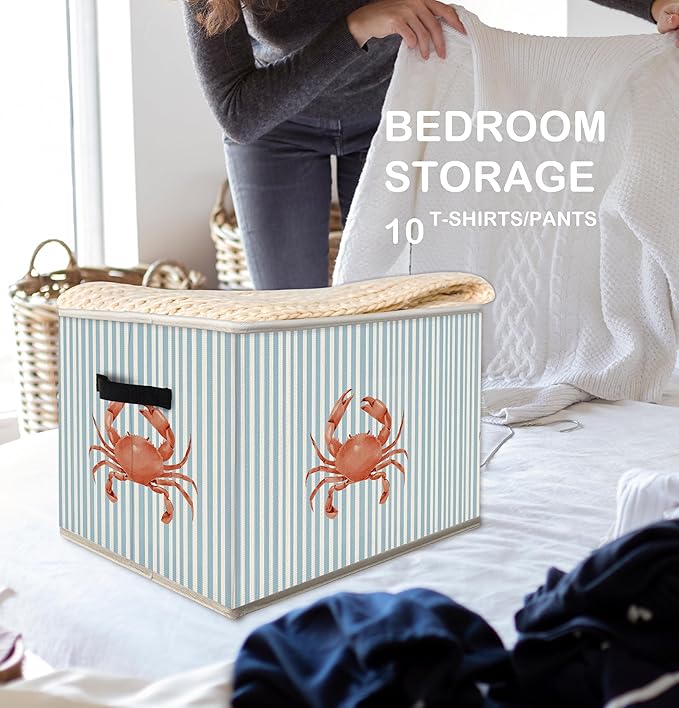 Blue Coastal Beach Crab Storage Bins Box with Handles, Blue Striped Ocean Crab Collapsible Fabric Storage Basket Box Organizer for Bedroom Bathroom Clothes Toys Books