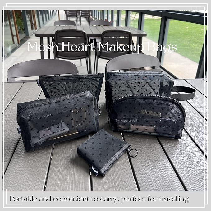 5 Pieces Heart Printed Mesh Makeup Bag Set, Portable Travel Mesh Cosmetic Bags Toiletry Bags Makeup Purse Bags with Zipper Storage Pouches for Home Offices Travel Accessories (Black)