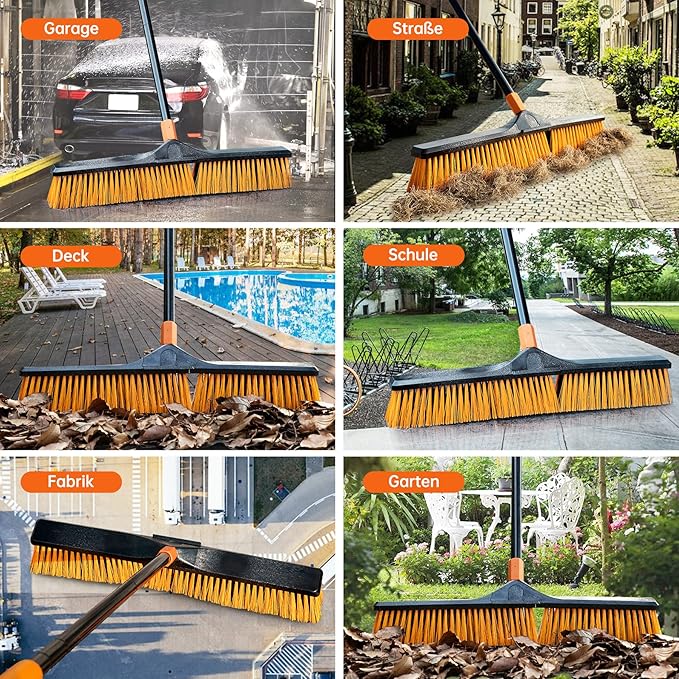 CLEANHOME 24”Push Broom Brush for Floor Cleaning with 65” Long Handle and Stiff Bristles, Heavy Duty Brush for Shop, Deck, Garage, Concrete,Indoor and Outdoor Broom 2 Set,Orange