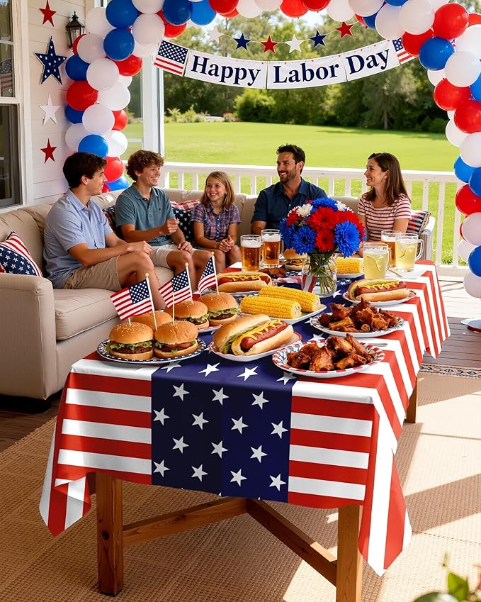 Pureegg 4th of July USA 250th Anniversary Plastic Tablecloth Disposable 10 Pack, Patriotic American Flag Rectangle Table Cover 54 x 108 Inch, Table Cloth for Independence Day BBQ Picnic Party