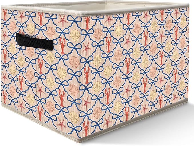 Coquette Blue Bow Beach Storage Bins Box with Handles, Coastal Preppy Lobster Starfish Seashell Collapsible Fabric Storage Basket Box Organizer for Bedroom Bathroom Clothes Toys Books