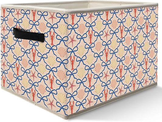 Coquette Blue Bow Beach Storage Bins Box with Handles, Coastal Preppy Lobster Starfish Seashell Collapsible Fabric Storage Basket Box Organizer for Bedroom Bathroom Clothes Toys Books