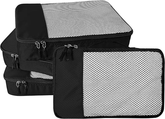 4-Piece Packing Cubes Travel Accessories Set for Suitcases - Luggage Organizer Bags with Double Zipper - Mesh Top - Large - Black