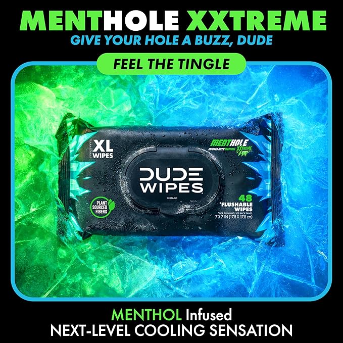 DUDE Wipes MentHOLE XXtreme Flushable Wipes - Menthol Infused Extra-Large Adult Wet Wipes - 1 Pack (48 Count), Travel Pack - Infused with Menthol for a Cooling Sensation - Septic and Sewer Safe