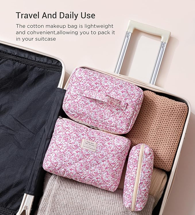 HBselect Quilted Makeup Bag, 3PCS Cotton Large Travel Makeup Bag, Cute Floral Coquette Make up Bag Cosmetic Bag Toiletry Bag for Women Girls