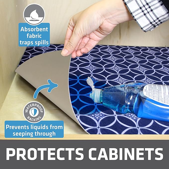 Drymate Premium XL Under Sink Mat, Waterproof Cabinet Protection Mats for Kitchen & Bathroom, Absorbent Shelf Liners, Slip-Resistant, Non-Adhesive, Machine Washable (USA Made)(24”x59”)(Indigo)