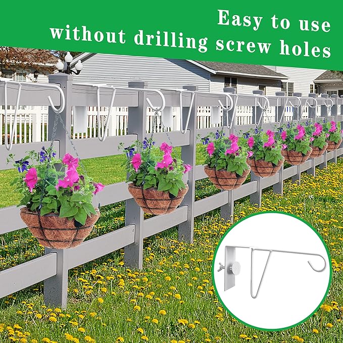 moonoom 4 Pcs Adjustable Vinyl Fence Hooks, Patio Hangers Decorative White Powder Coated Steel Fence Hangers Suitable for Hanging Plants, Lights, Basket (4pcs White)