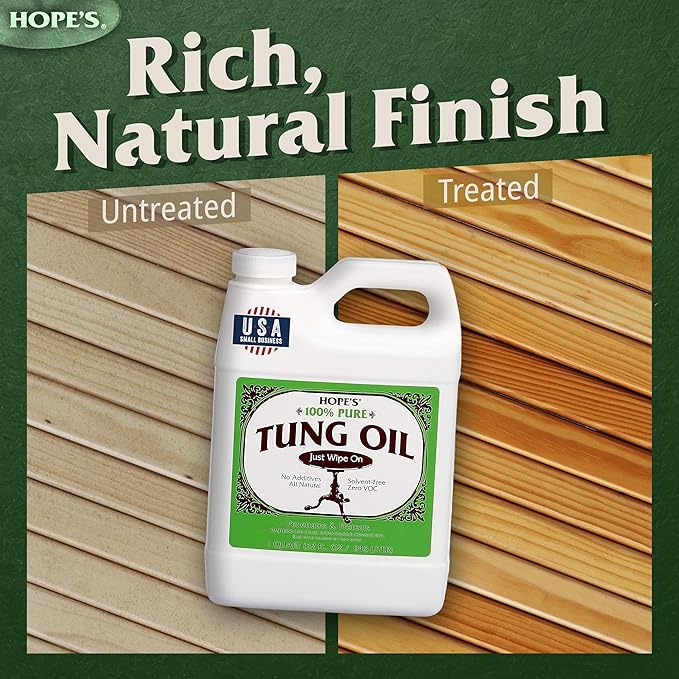 HOPE'S 100% Pure Tung Oil, Food Safe, Premium Waterproof Natural Wood Finish and Sealer for Indoor and Outdoor Projects, 32 Fl Oz, 1 Pack