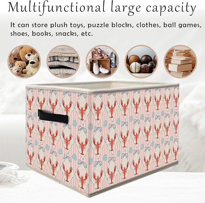 Coquette Coastal Lobster Beach Storage Bins Box with Handles, Preppy Blue Bow Seashell Collapsible Fabric Storage Basket Box Organizer for Bedroom Bathroom Clothes Toys Books