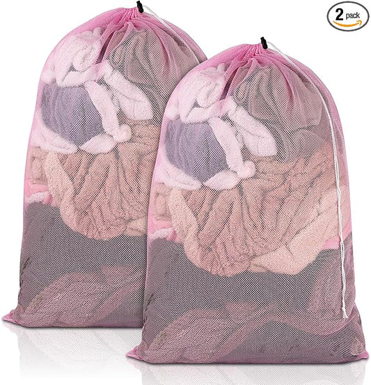 2 Pack Mesh Laundry Bags, 23 x 34 Inches Heavy Duty Mesh Laundry Bag, Large Laundry Drawstring Bag for College, Dorm, Travel, Family and Apartment Dwellers, Pink