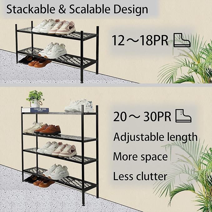 Shoe Rack, Expandable Shoes Organizer Metal Shelf Stand, 2-Tier Stackable Long Shoe Storage Holder for Closet, Floor, Entryway, Garage, Bedroom, Door Entrance for 12-18 Pairs, 45.6 Inches, Black