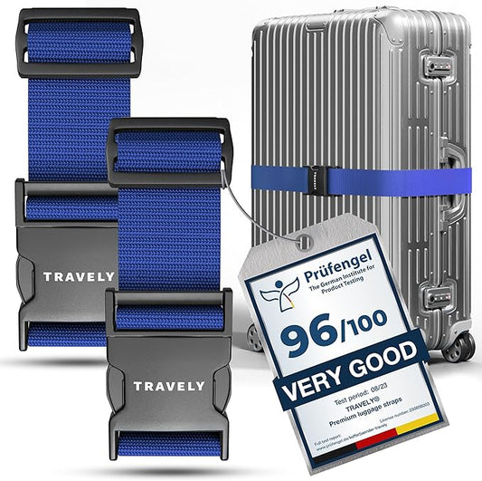 TRAVELY Luggage Straps - Particularly conspicuous & Secure - Incl. 2 Name Tags - Luggage Strap Ideal crosswise - [Set of 2]