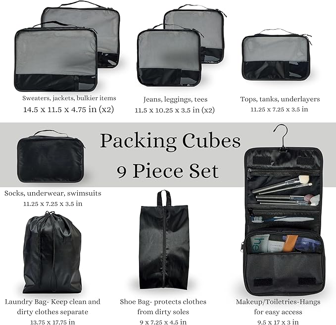 9 Set Packing Cubes - Suitcase Organizer, Cute Packing Cubes, Travel Bags Organizer for Luggage with Hanging Toiletry and Shoe Bag, Travel Essentials for Women, Men and Kids -Black