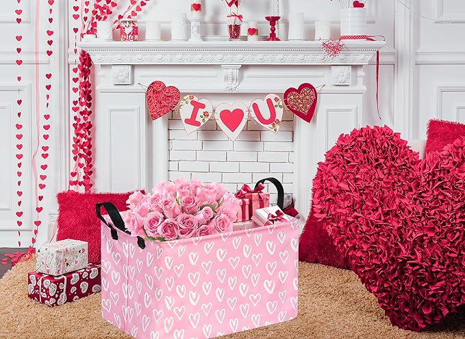 Rec Heart Print Box Hamper Storage Basket Collapsible Organizer Bin Gift Shelf Baskets for Home and Kitchen Storage