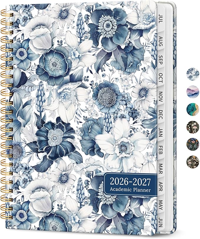 Planner 2026-2027, Academic Monthly and Weekly Calendar Planner for Women, July 2026 - June 2027, Hardcover Pretty Agenda Planner Book with Tabs, Spiral Daily Organizer for School Office Home Supplies, 8.5" x 11" - Blue Floral