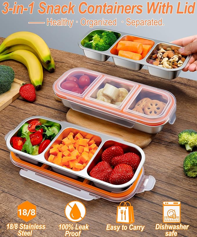 KTKUDY 3 Pack Stainless Steel Snack Containers for Kids & Adults - Leak-Proof 3-Compartment Stackable Snack Lunch Boxes for Daycare, School, Work & Travel