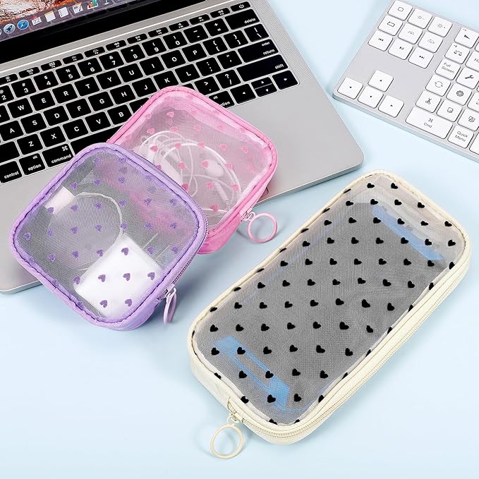 4 Pieces Mini Zipper Nylon Mesh Pouch, Mesh Cosmetic Bags Makeup Bags, Multipurpose Travel Toiletry Bags for Office Supplies and Travel Accessories (Heart Print-Pink, S)