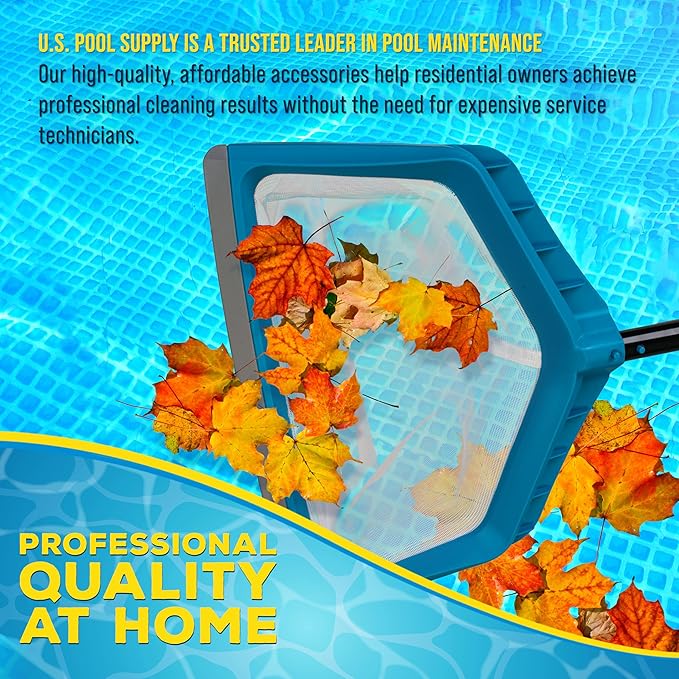 U.S. Pool Supply Pool Skimmer Net - Leaf Rake Fine Mesh Pool Skimmer Net, Rubber Scoop Edge, 13" Deep Leaf Bag, Aluminum Pole Handle - Skim Surface Leaves, Clean Spa Hot Tub Pond Inground Above Ground