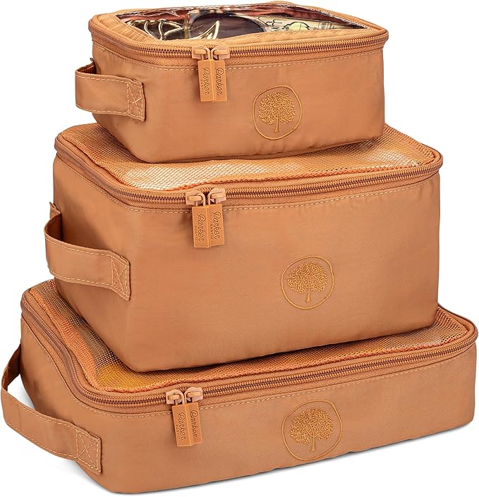 Parker Baby Co. Lightweight Packing Cube Set 3-Pack | Collapsible, Durable, Mesh & Clear Top | Travel Organizer for Diaper Bags, Luggage - Camel/Desert Star