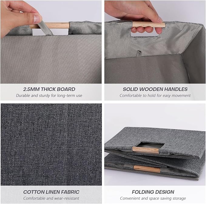 Fabric Storage Bin Box Foldable Cotton Linen Storage Basket with Wooden Handles Rectangular Cube Decorative Home Laundry Organizer Clothes Blanket Container – Gray, Large