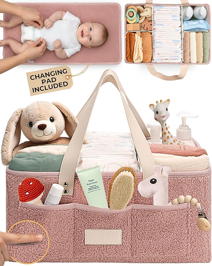 Baby Diaper Caddy Organizer with Portable Changing Mat - Teddy Fleece Diaper Organizer for Changing Table - Basket for Changing Essentials - Baby Essentials Organizer with Removable Dividers