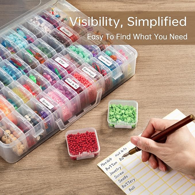 Bead Organizer Box, 60 Pack Small Clear Storage Boxes with Labels, Large Travel Craft Case with Handle, Mini Plastic Containers for Jewelry Making Diamonds DIY Pony Bracelet Screws Seeds Small Parts