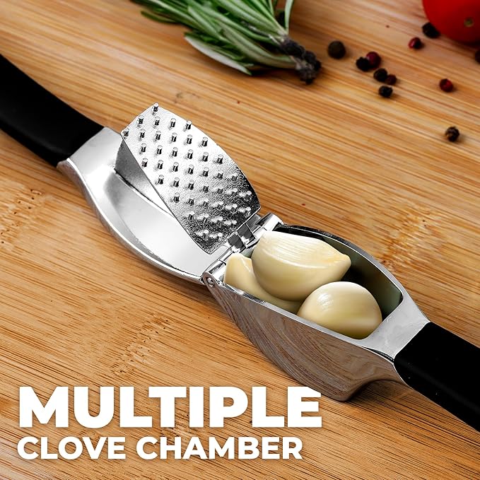 Zulay Kitchen Comfort Grip Garlic Press - Garlic Mincer Tool - Garlic Crusher - Garlic Press Mincer Rust Proof, with Soft Ergonomic Handle, Easy Clean Set with Peeler and Brush