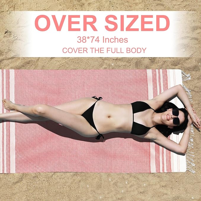 Genovega Oversized Cotton Turkish Beach Bath Towel Set 74"x38" Extra Large Sand Free Quick Dry Swim Camping Pool Clearance Towels Travel Blanket Adult Essentials Stripe Reds