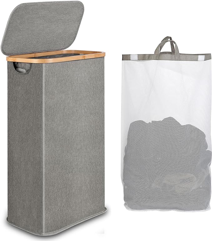 iEGrow 65L Slim Laundry Hamper, Narrow Laundry Basket with Lid,Foldable Clothes Hamper with Bamboo Handles,Hamper Basket with Removable Inner Bag for Laundry Room Bedroom College Dorm,17.17 Gals Grey