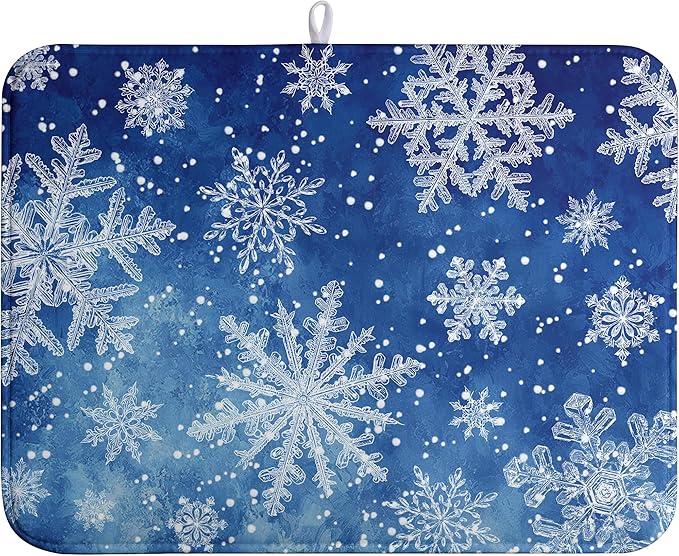 Winter Blue Snowflake Dish Drying Mat for Kitchen Counter Merry Christmas Snowflakes Drying Mats Xmas Holiday Dish Draining Mat Microfiber Absorbent Dish Drainer Rack Pad 18x24 Inch