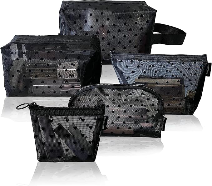 5 Pieces Heart Printed Mesh Makeup Bag Set, Portable Travel Mesh Cosmetic Bags Toiletry Bags Makeup Purse Bags with Zipper Storage Pouches for Home Offices Travel Accessories (Black)