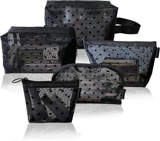 5 Pieces Heart Printed Mesh Makeup Bag Set, Portable Travel Mesh Cosmetic Bags Toiletry Bags Makeup Purse Bags with Zipper Storage Pouches for Home Offices Travel Accessories (Black)