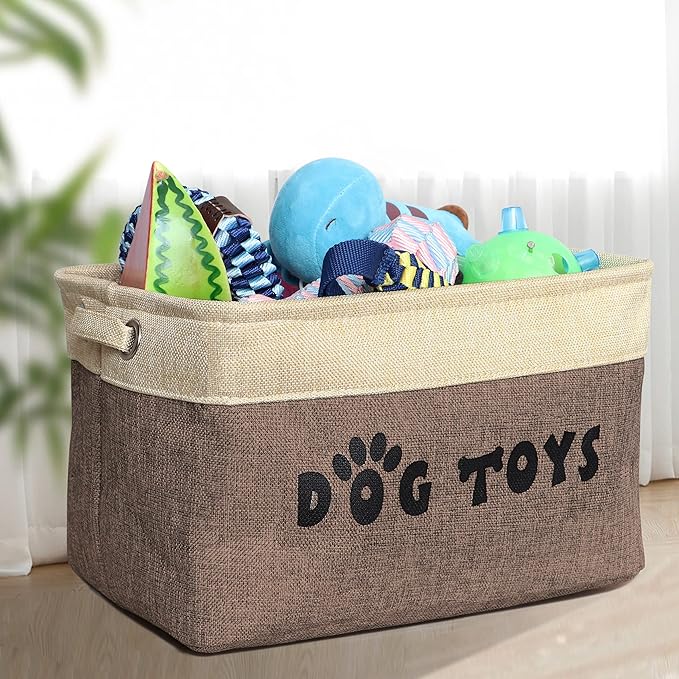 PET ARTIST Dog Toy Basket, Collapsible Dog Toy Bin Box with Comfortable Handles, Large Pet Toy Storage Organizer for Accessories, Toys, Coat & Clothing, Blanket & Leash, Brown, 15"x11"x9"
