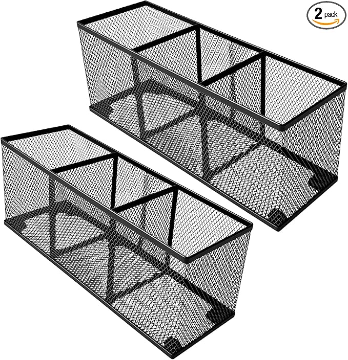 2-Pack Metal Mesh Pencil Holder, Spacious 3-Compartment Desk Organizer for Pens, Makeup Brushes, Utensils, Desktop Storage for Home, Office, School, Kitchen, 10.43x3.35x4.04 Inch, Black