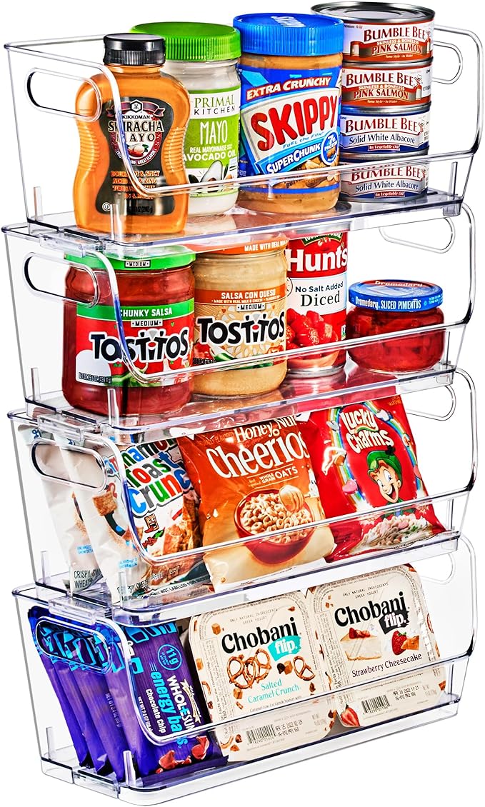 Sorbus Stackable Storage Bins Open Front, Clear Stackable Storage Bins, Pantry Bins for Storage and Organization, Acrylic Stackable Bins for Kitchen, Clear Pantry Organizer Bins (Small Narrow 4 Pack)