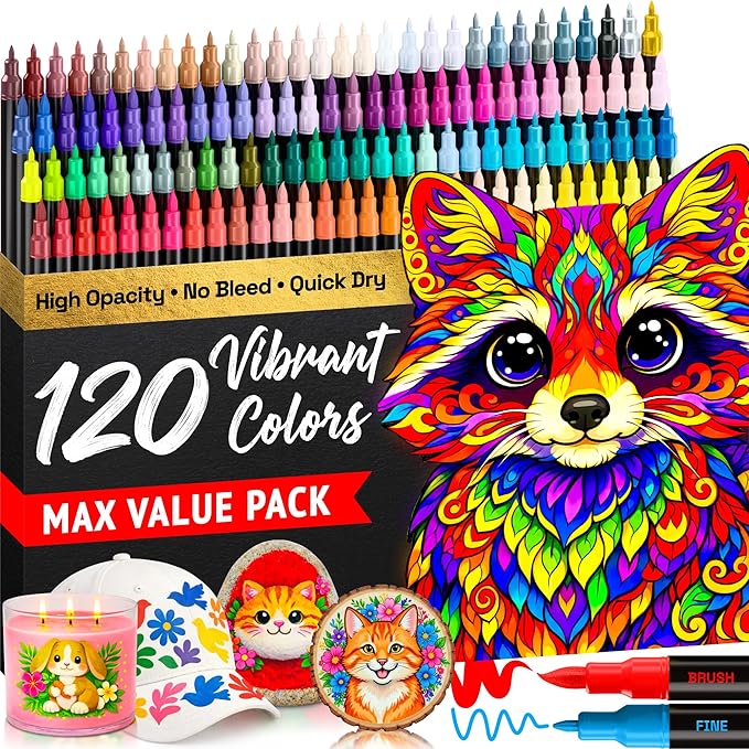 ARTISTRO 120 Acrylic Paint Markers - Paint Pens for Drawing, Brush + Fine Tips - For Fabric, Rock, Glass, Wood, DIY, Craft, Canvas - Art and Craft Supplies for Adults, Teens, Kids