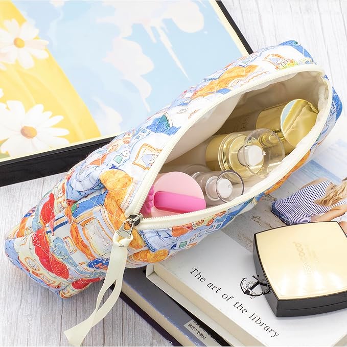 PAZIMIIK Quilted Makeup Bag Large Travel Zipper Soft Cosmetic Pouch for Women Girls Make Up, Little Bunny