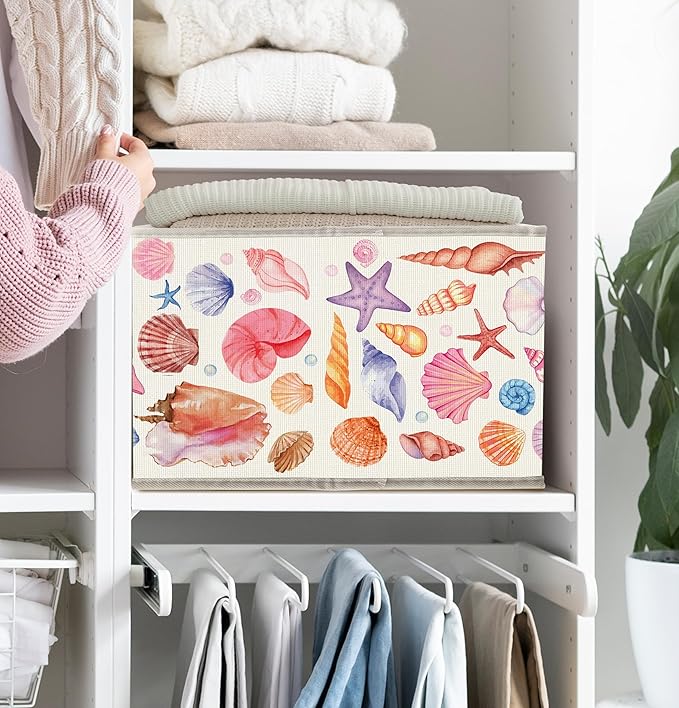 Coastal Beach Storage Bins Box with Handles, Coastal Granddaughter Room Decor, Preppy Pink Starfish Collapsible Fabric Storage Basket Box Organizer for Bedroom Bathroom Clothes Toys Books