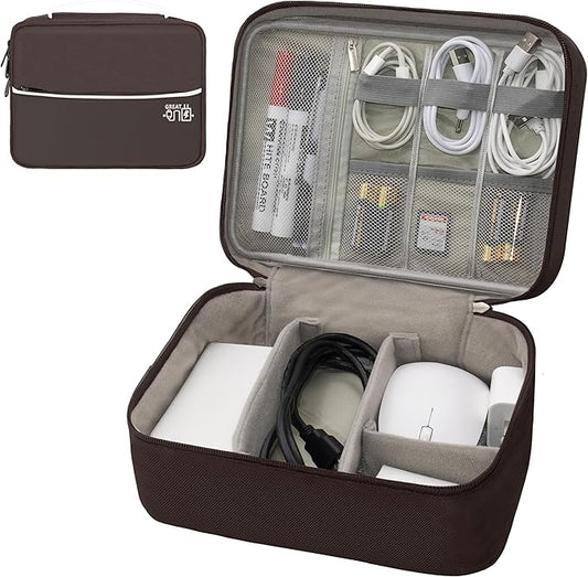 Electronics Organizer, Travel Cord Organizer Pouch, Portable Cable Organizer Bags, Waterproof Electronic Accessories Storage Case for Cables, Cords, Charger, Phone (Double Layer-Brown)