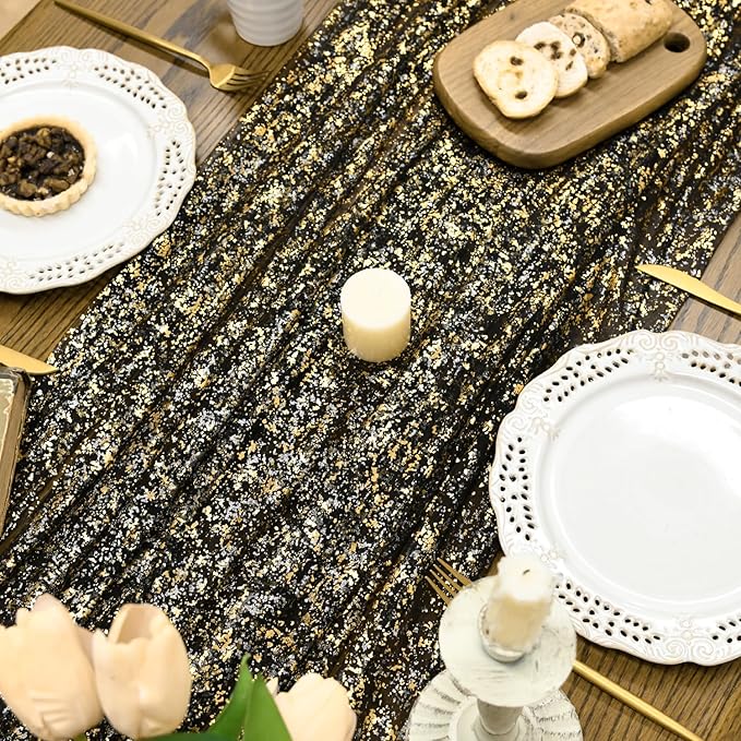 Horaldaily Black Gold Gauze Tablecloth 60x120 Inch Rectangular, Golden Sequin Glitter Metallic Foil, Sheer Tulle Cheesecloth for Wedding Baby Shower Ceremony Birthday