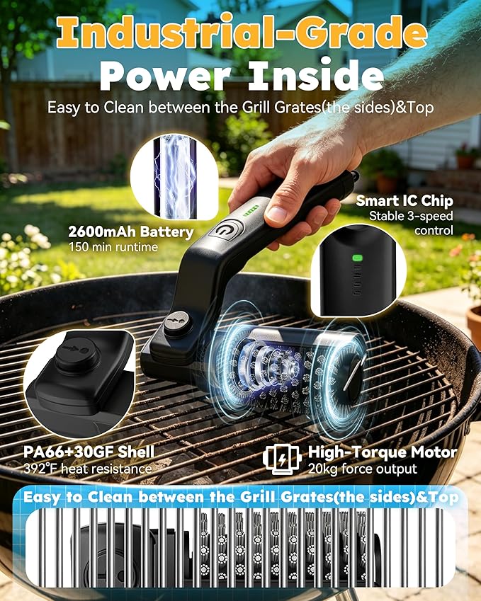 Electric Grill Brush Cordless – Rechargeable BBQ Grill Brush for Outdoor Grill, 3 Powerful Speed, Bristle-Free Safe, 180° Adjustable, Stainless Steel Rotary Brush Head, Grill Cleaning Tool